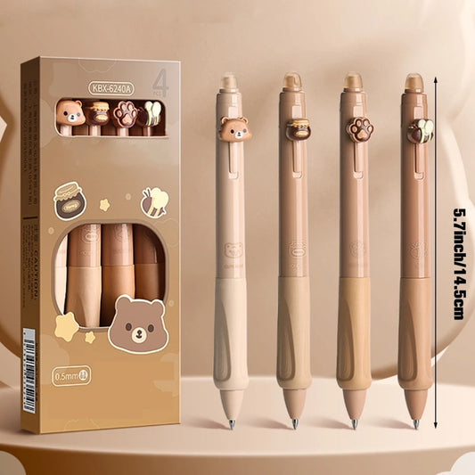 4er Set Bären-Motiv löschbare Gelstifte 0,5 mm Schwarz Blau