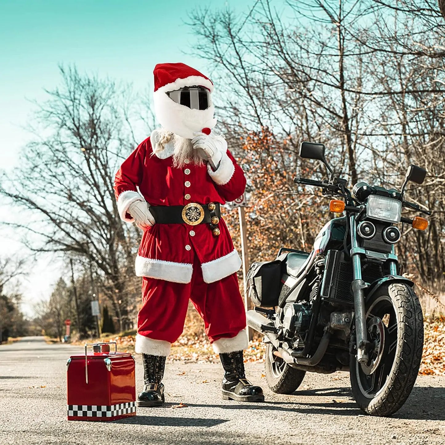 4-teiliges Motorrad Helm Set mit Santa Claus Weihnachtsmütze