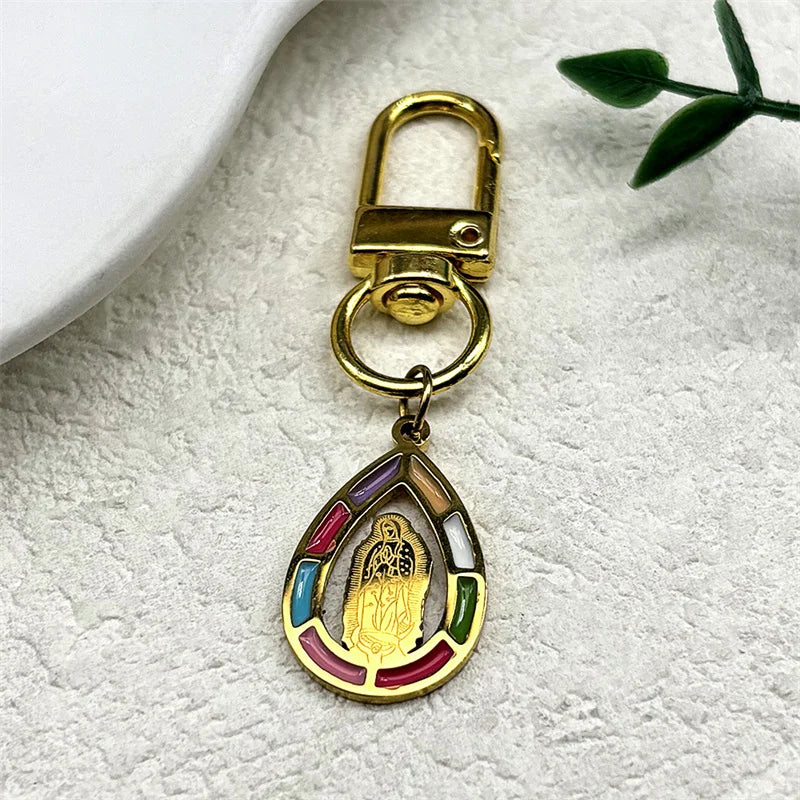 Schlüsselanhänger Jungfrau Maria Edelstahl mit Goldfarbener Emaille Tropfenform