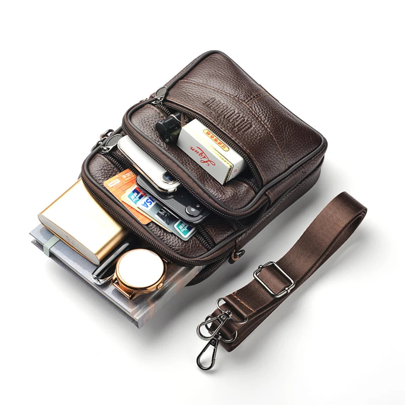 Retro Herren-Ledertasche mit 4 Reißverschlusstaschen - verstellbarem Gurt