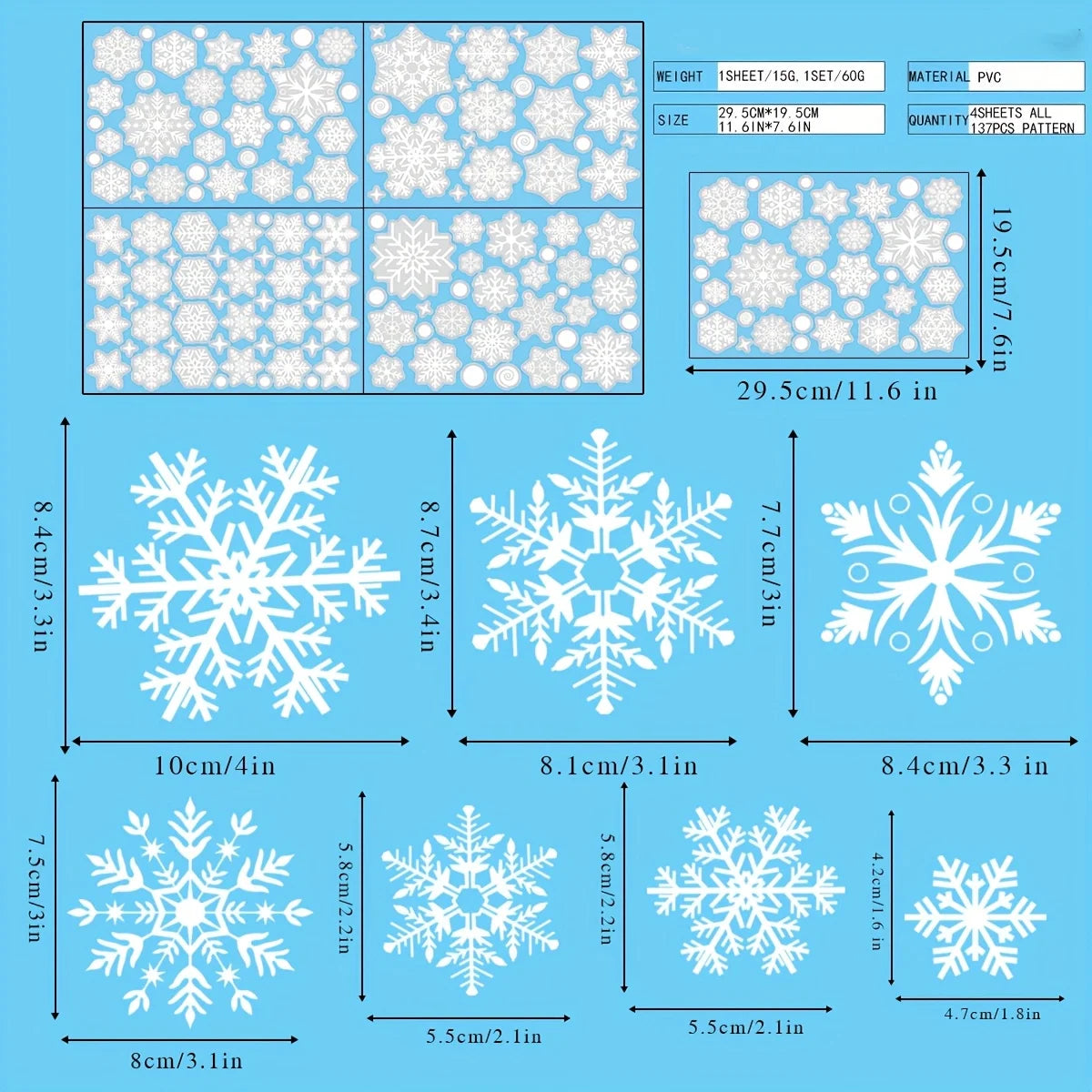 4 Blatt Set Weihnachts Fensteraufkleber mit weißen Schneeflocken
