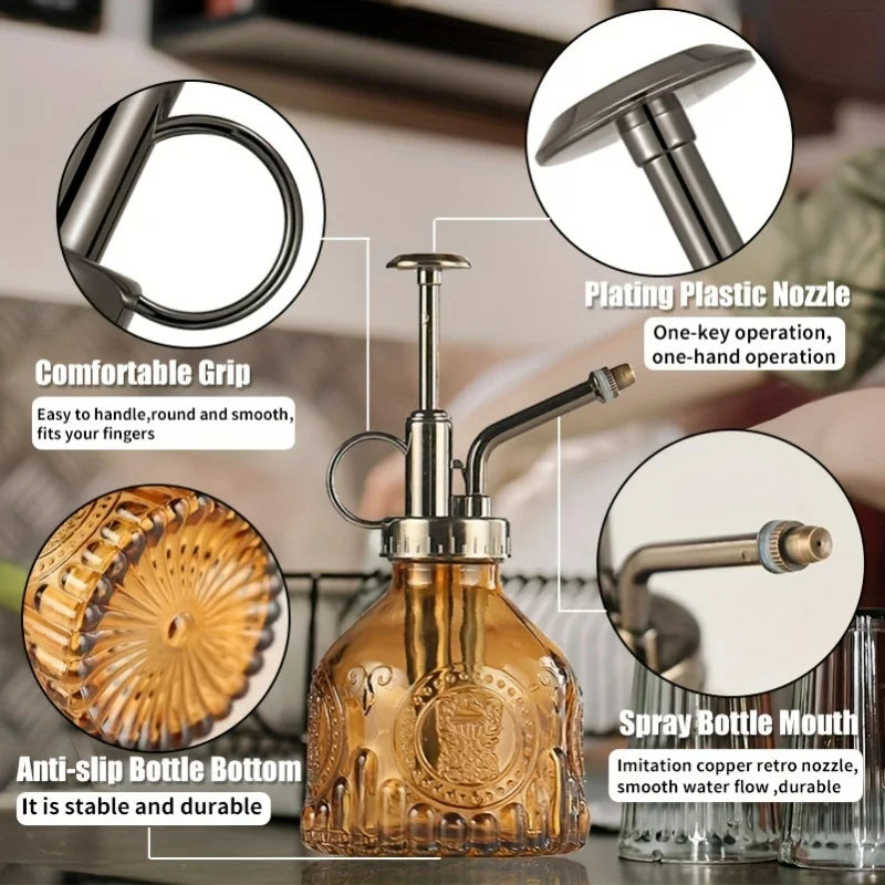 Glas Bewaesserung Spray Flasche mit Vintage Bronze Pumpe fuer Pflanzen