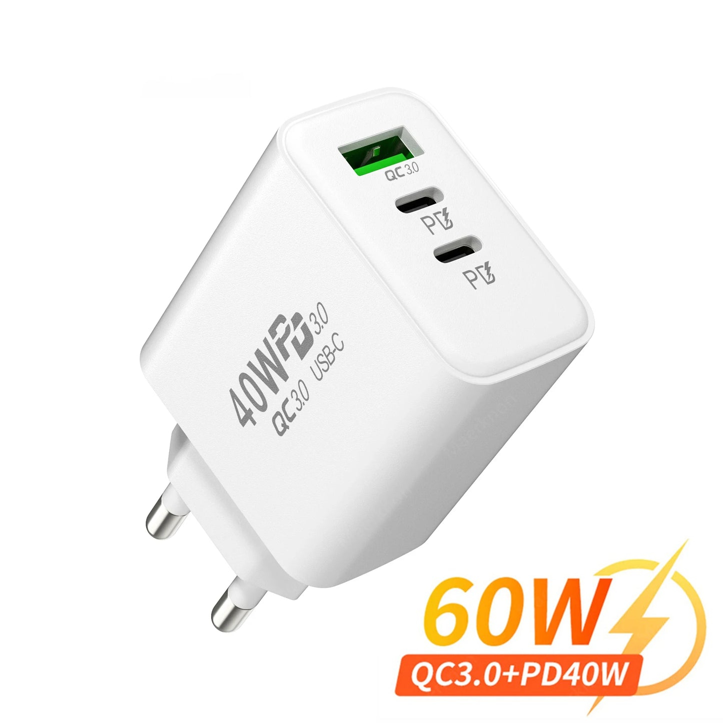 PD 60W Schnelles USB Ladegerät mit 3 Anschlüssen für iPhone & Samsung