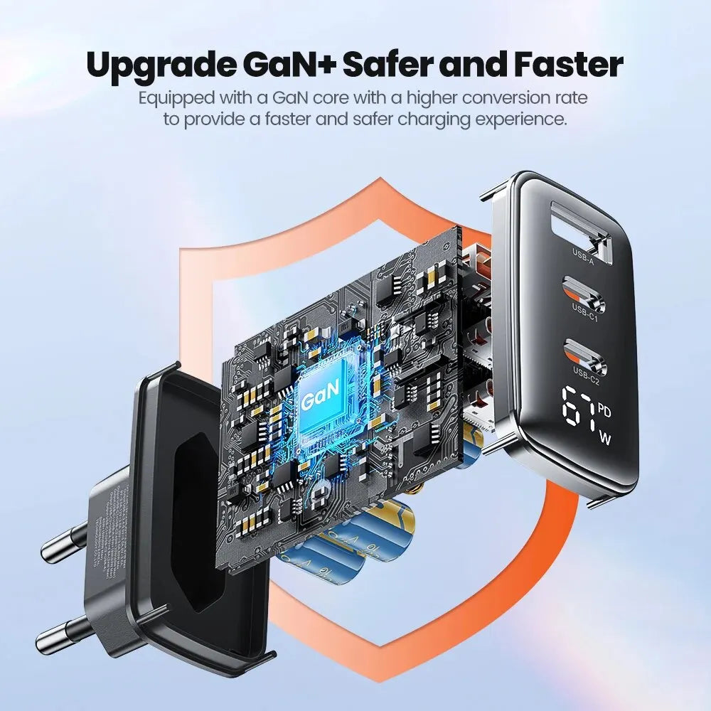 67W GaN USB-C Netzteil Digitalanzeige für Laptop, Tablet, Smartphone schnell