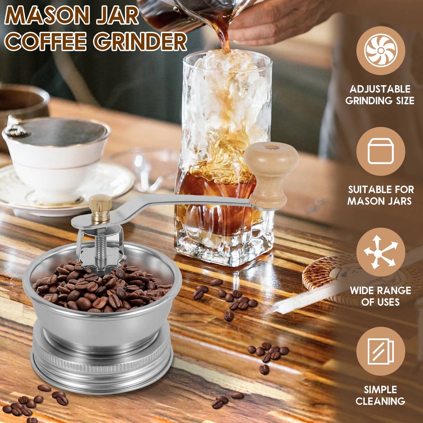 Manuelle Kaffeemühle aus Edelstahl mit Einmachglas und Kurbelgriff