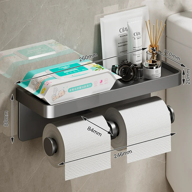 Robuster Aluminium Toilettenpapierhalter mit Regal – rostfrei - bis 10 kg belastbar