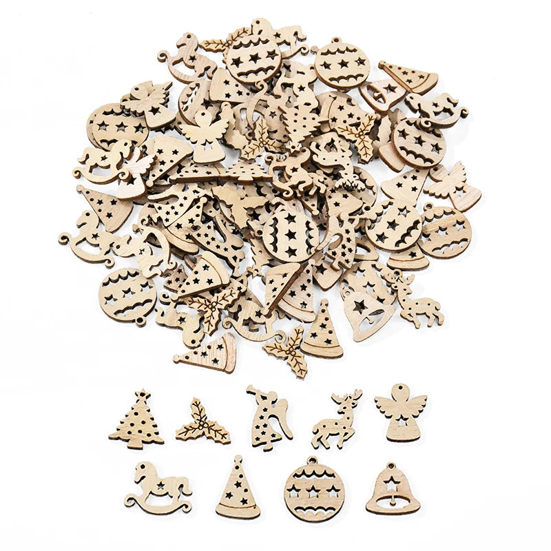 50 teiliges Set unvollendeter Holzornamente für DIY Weihnachtsdekoration
