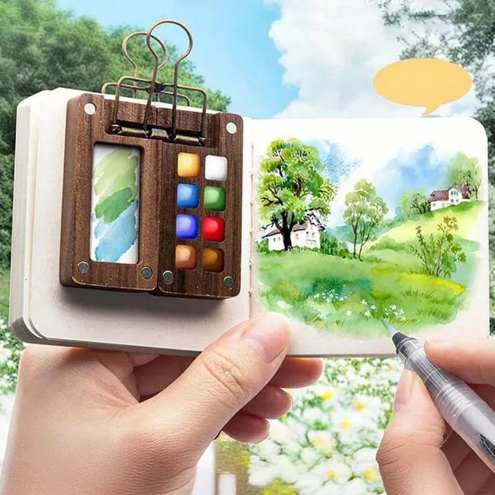 Tragbares Mini Aquarell-Palette Set mit Skizzenbuch und Binder-Clips