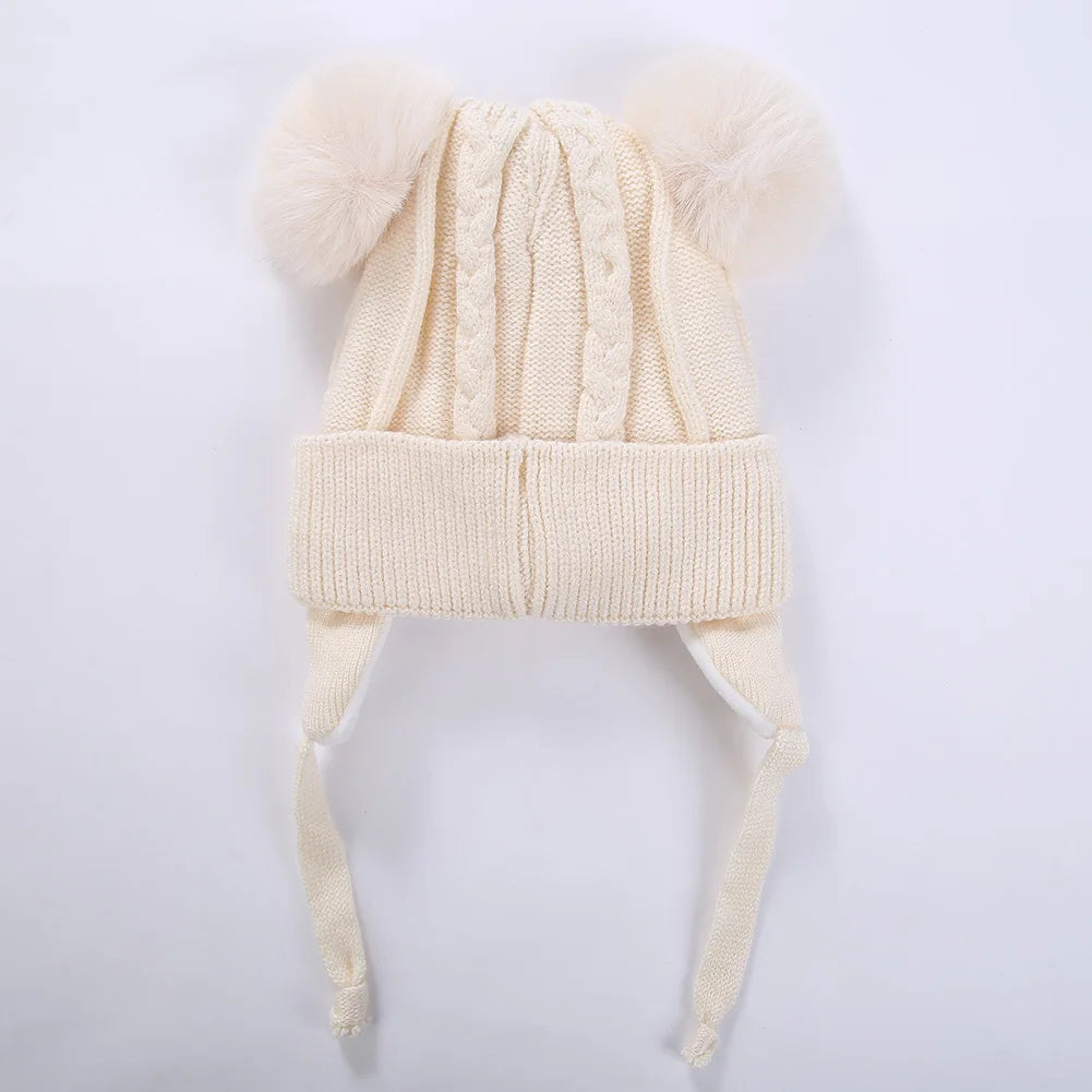 Warme Baby Strickmütze mit Bär Motiv und Baumwollfutter für 1-3 Jahre