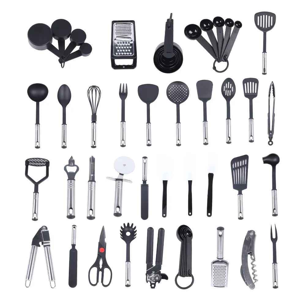 40-teiliges Küchenhelfer Set aus Edelstahl mit Antihaftbeschichtung Schwarz-Yabubest - Home & More