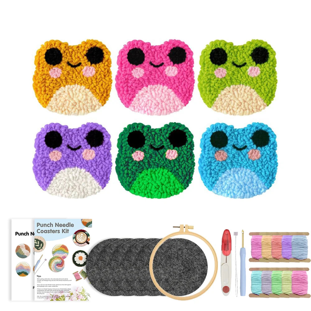 6-teiliges DIY Frosch Stanz-Nadel-Untersetzer-Set mit Filzgarnen
