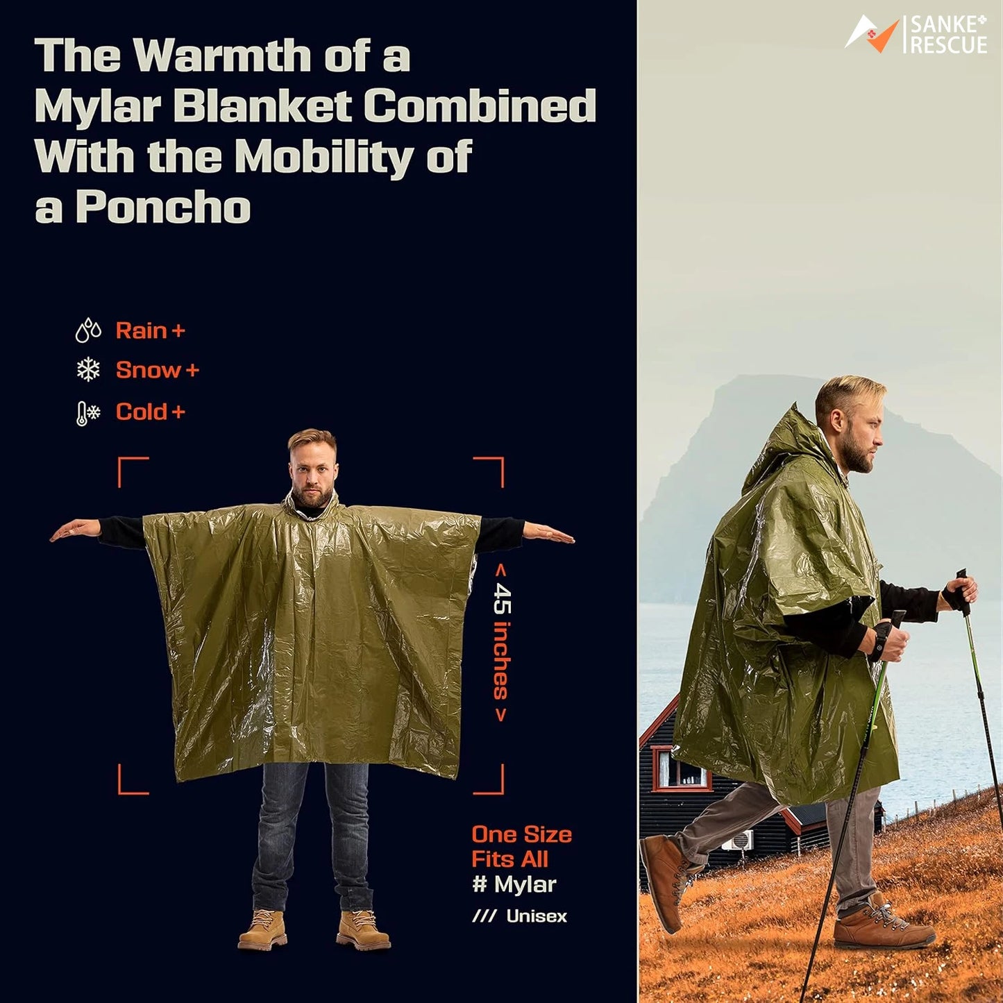 Wasserdichter Notfall-Poncho mit Aluminiumfolie – Wärmend - leicht, 130x100 cm