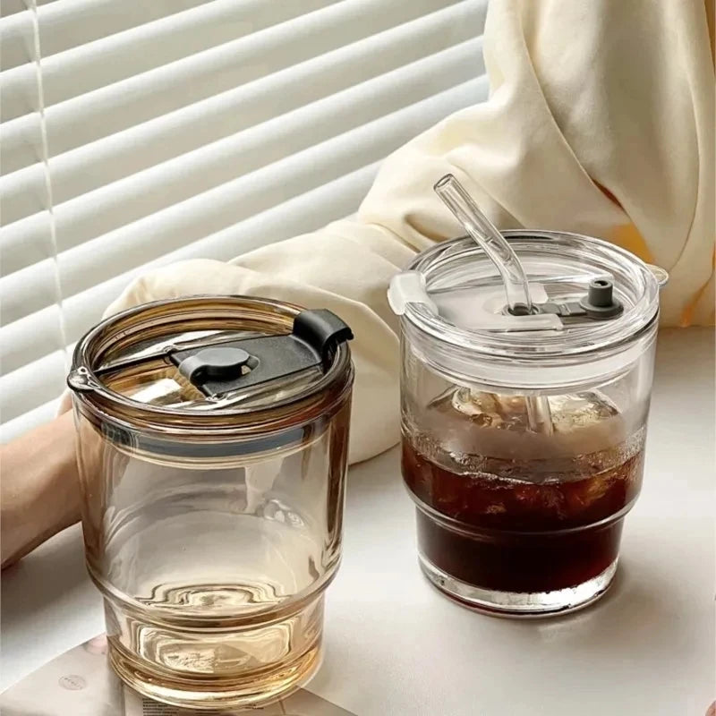 Transparente 400/450ml Glas-Kaffeetasse mit Deckel & Stroh – Auslaufsicher & Stilvoll