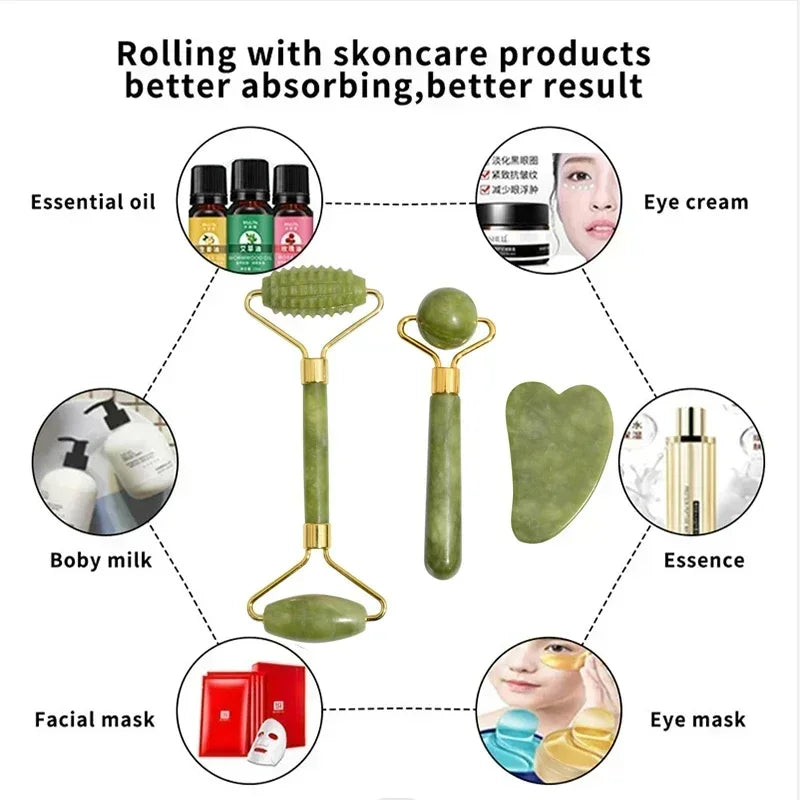 Natürlicher Jade Roller und Gua Sha Massagegerät für Gesicht und Körper