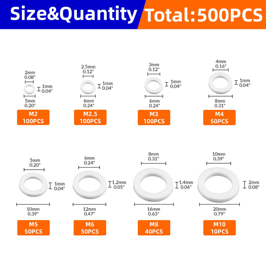 500 Stück Kunststoff Nylon Unterlegscheiben Sortiment M2 bis M10 Weiß