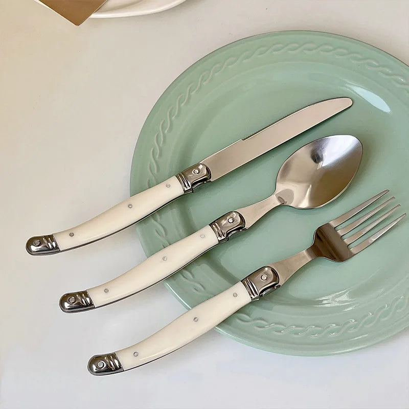 6teiliges Laguiole Besteckset aus Edelstahl mit Steakmessern und Löffeln