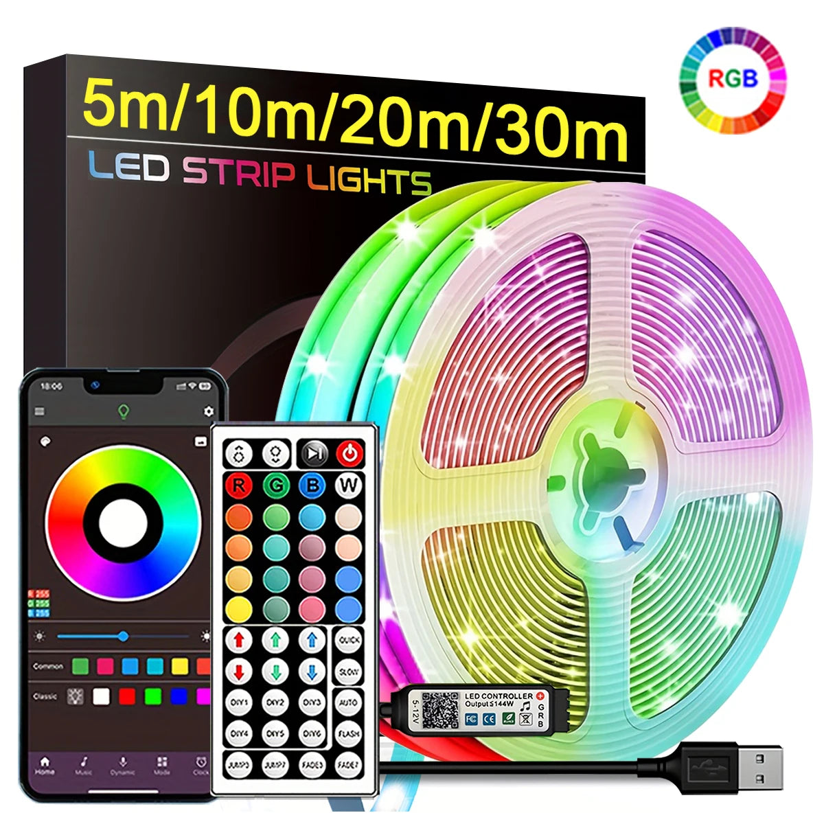 RGB LED Streifen 5m, 10m, 20m, 30m mit APP Steuerung für Dekoration