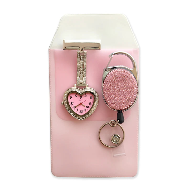 Funkelnde rosa Krankenschwester Taschenuhr mit Diamanten - praktischem Stifthalter