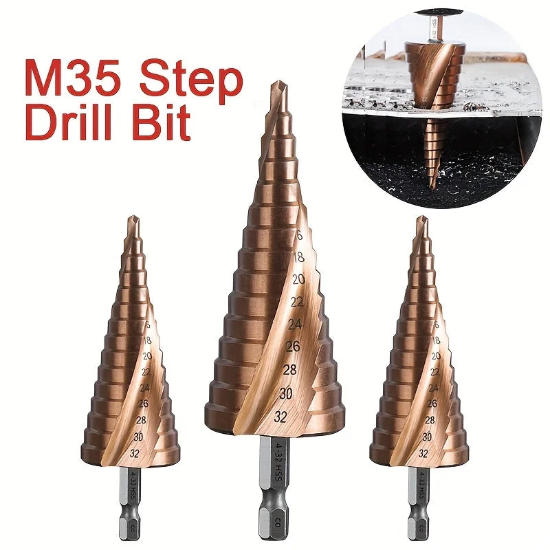Präzises Bohren in Metall: M35 Kobalt Stufenbohrer 4-32 mm mit Dreiecksschaft