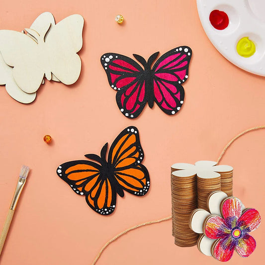 10 Holzscheiben DIY Set Schmetterling und Blume für kreative Dekoration