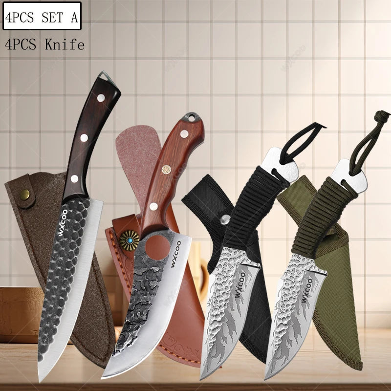Handgefertigtes Küchenmesser aus Edelstahl mit Holzgriff und magnetischem Messerblock