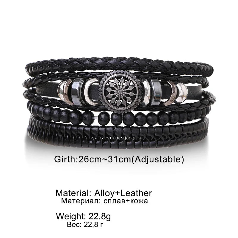 4-teiliges Herren-Lederarmband-Set mit Vintage Lebensbaum - Holzperlen