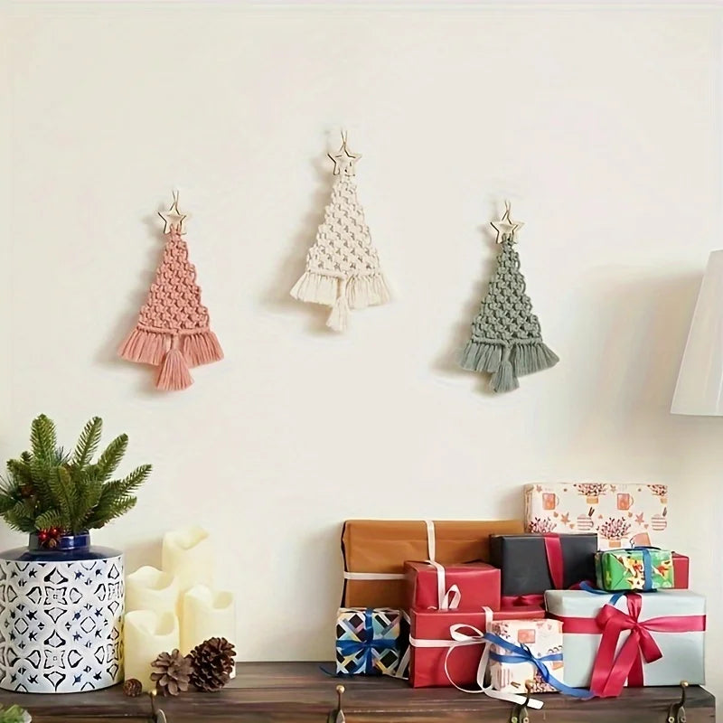 3-teiliges Makramee-Weihnachtsbaum DIY-Set in Smaragd, Creme und Rosa