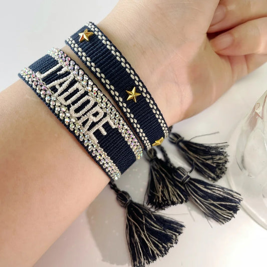 Freundschaftsarmbänder mit Schriftzug und Bling Steinen aus Baumwolle