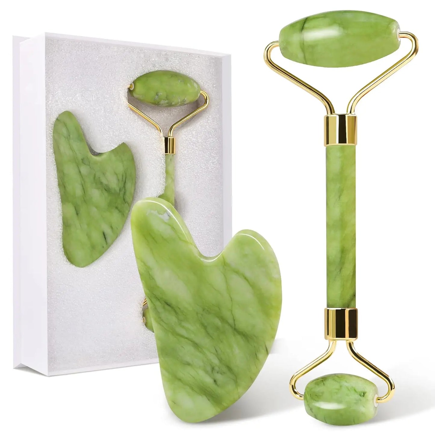 Natürlicher Gesichts-Jade-Roller mit kühlendem Gua Sha Set