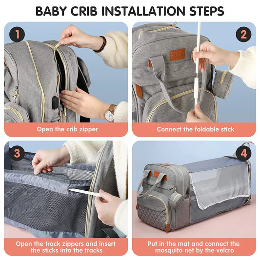 Vielseitige 3in1 Wickeltasche mit USB Ladefunktion und Babybett