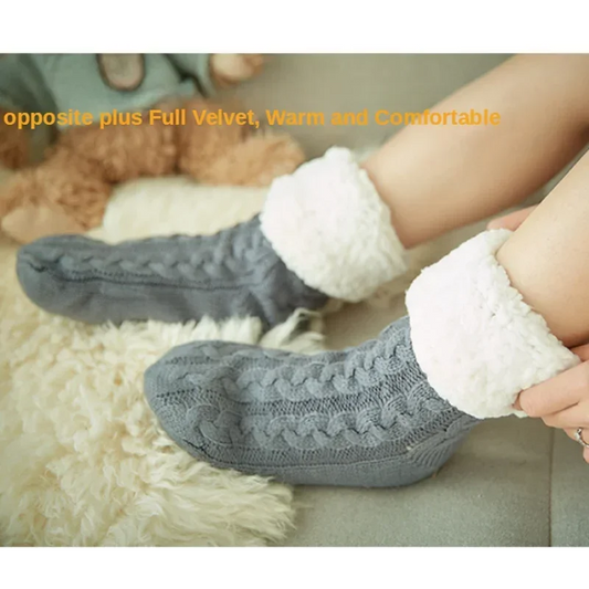 Fuzzy Thermosocke Damen warm rutschfest mit Plüschgriff in Hanffarben