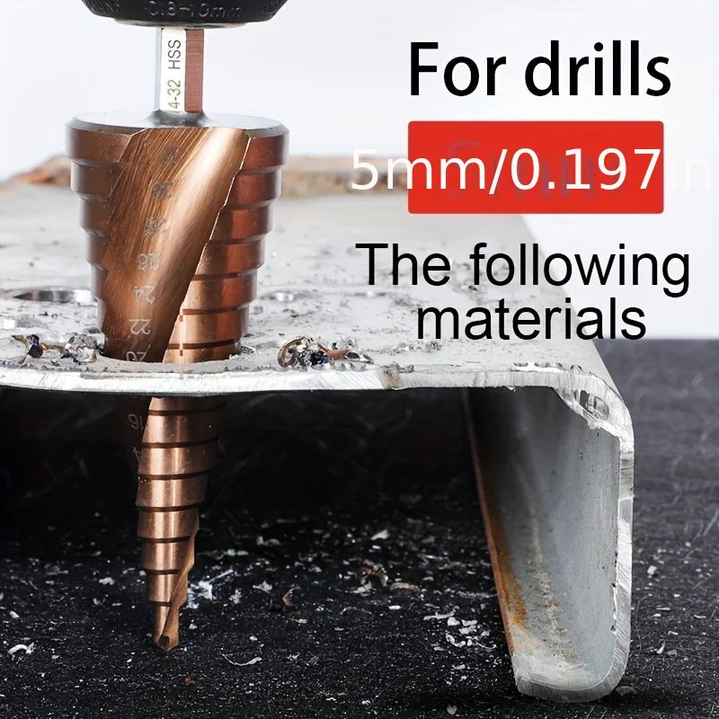 Präzises Bohren in Metall: M35 Kobalt Stufenbohrer 4-32 mm mit Dreiecksschaft