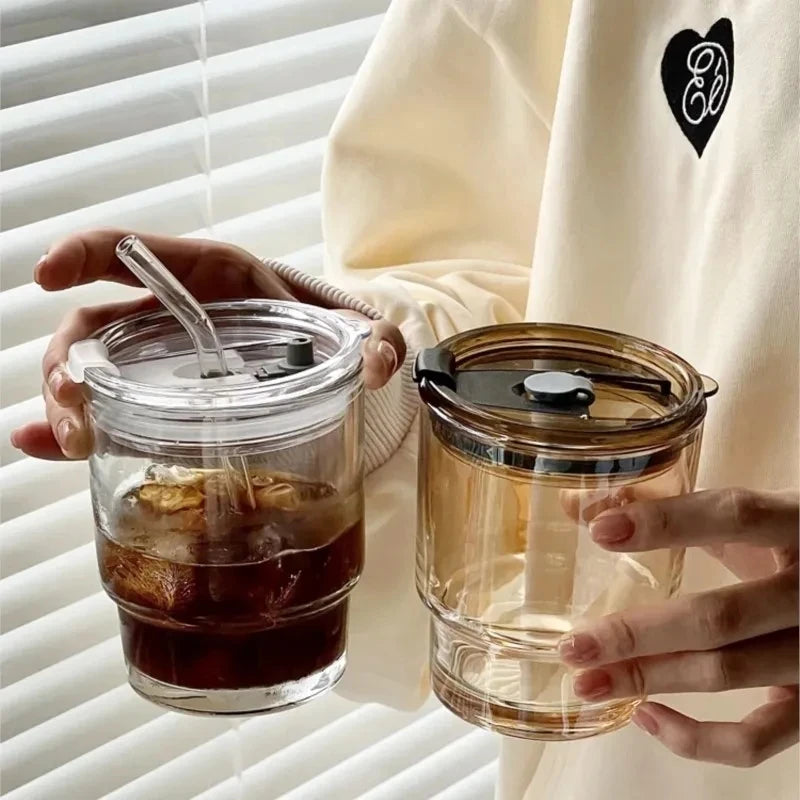 Transparente 400/450ml Glas-Kaffeetasse mit Deckel & Stroh – Auslaufsicher & Stilvoll