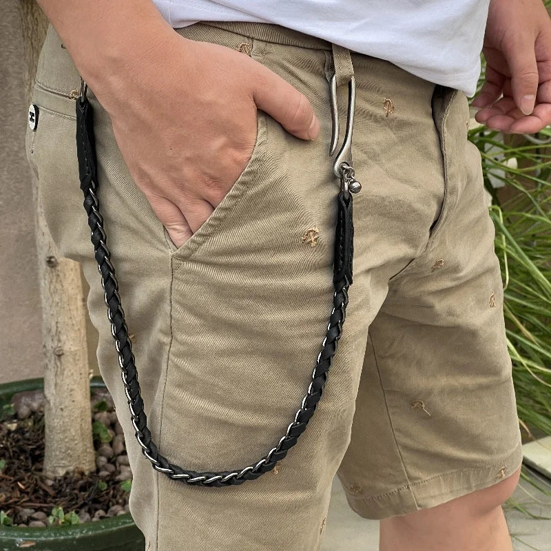 Robuster Punk Stil Leder Schlüsselanhänger mit Metallkette