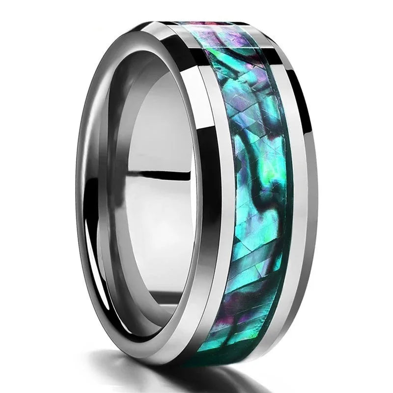 8mm Roségold Edelstahl Ring mit Koa Holz, Abalone und Opal Inlay Herren