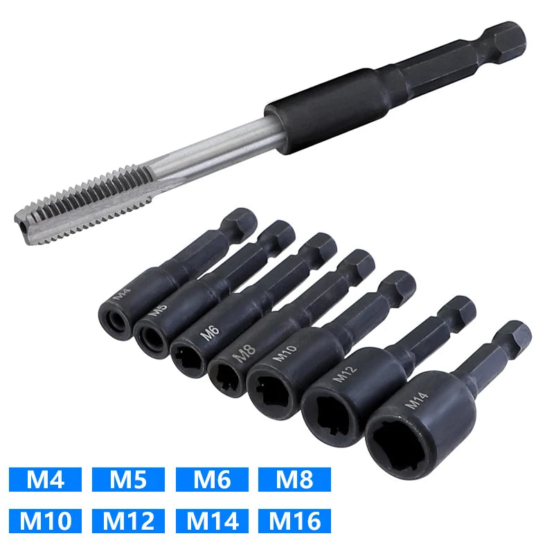 6-teiliges Gewindebohrer-Adapter-Set M4-M12, 1/4 Sechskantschaft, robust - präzise