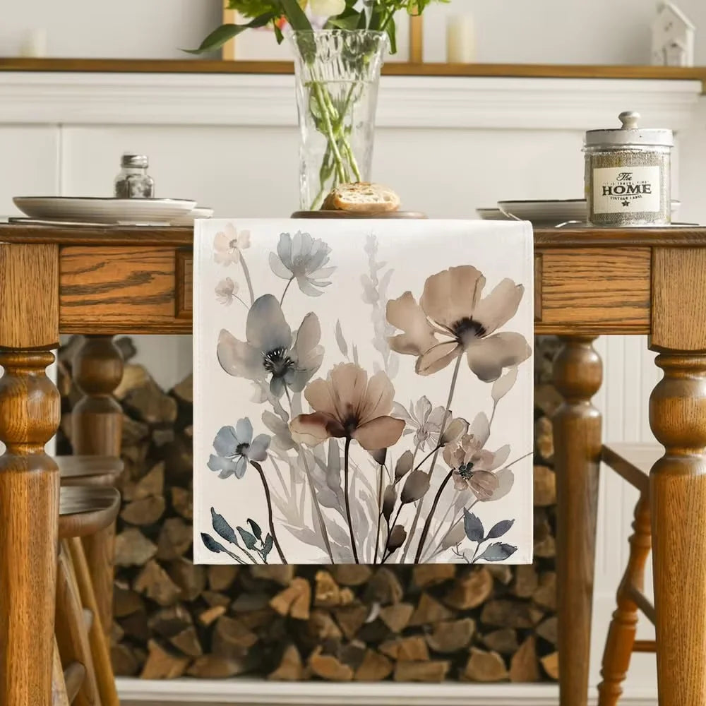 Bunter Tulpen Tischläufer aus Leinen mit floralem Aquarellmuster für Küche und Esszimmer