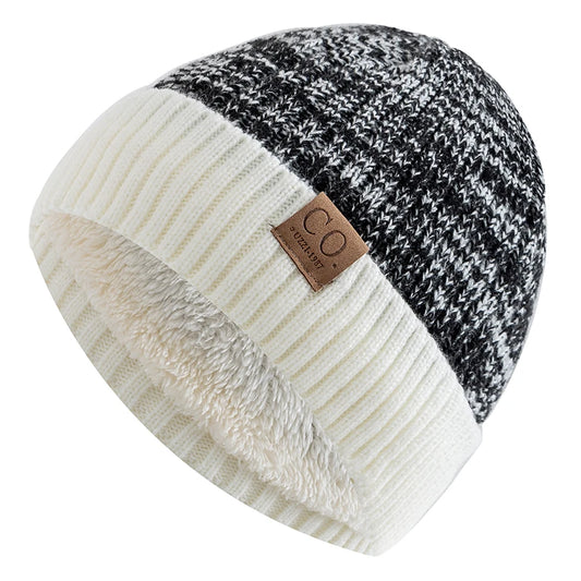 Unisex Zweifarbige Winter Beanie Mütze mit Pelzfutter für Wärme