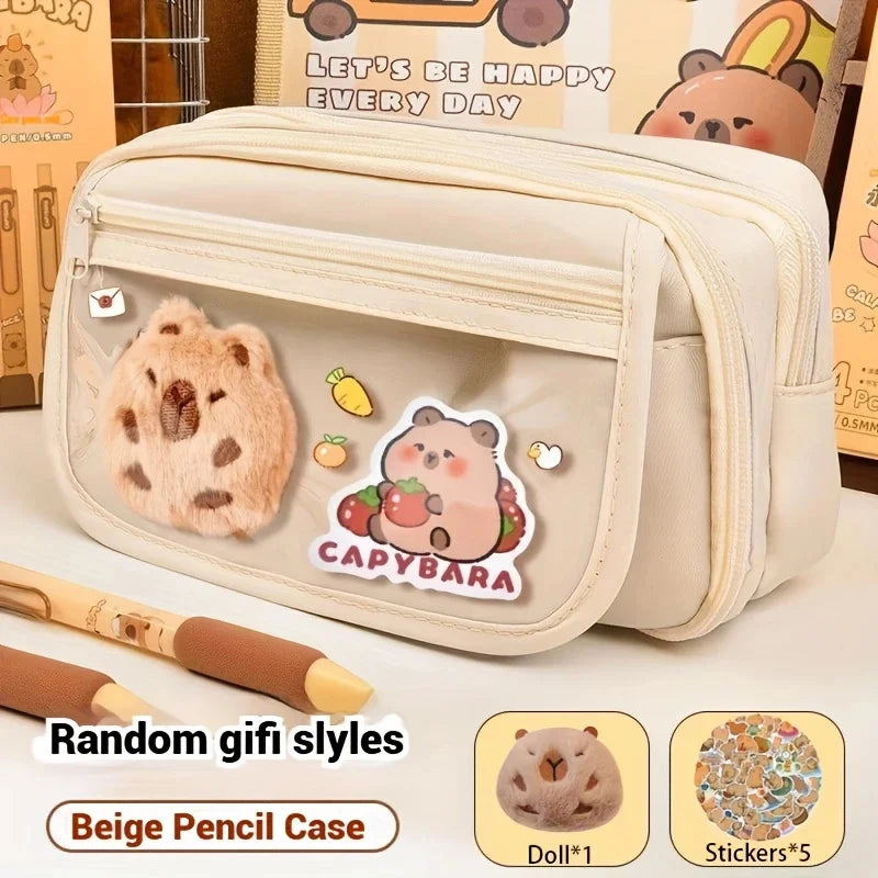 7-teiliges mehrlagiges Federmäppchen-Set mit süßem Capybara-Motiv für Schule