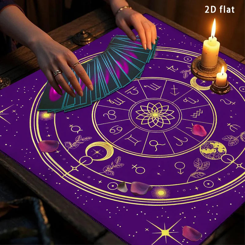 Mystisches Tarot Altartuch mit goldenen Sternbildsymbolen in verschiedenen Größen