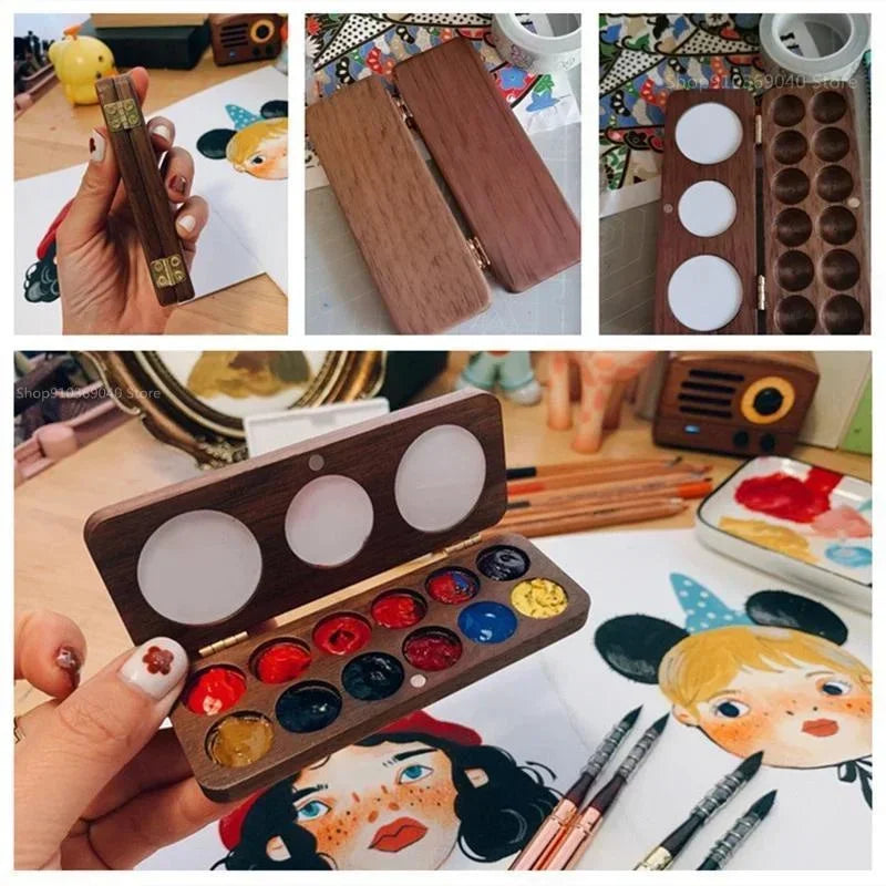 Handgefertigte Walnuss-Holz Aquarellpalette mit magnetischer Farbfixierung, 12-24 Fächer