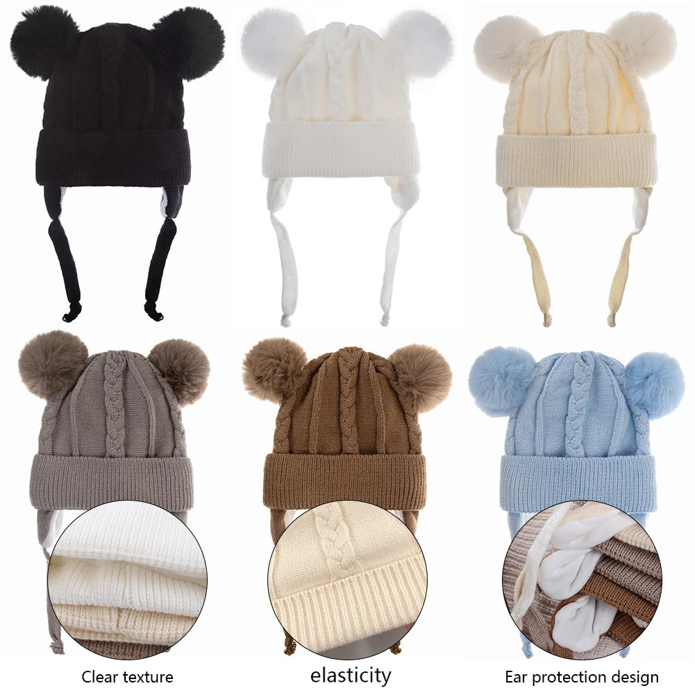 Warme Baby Strickmütze mit Bär Motiv und Baumwollfutter für 1-3 Jahre