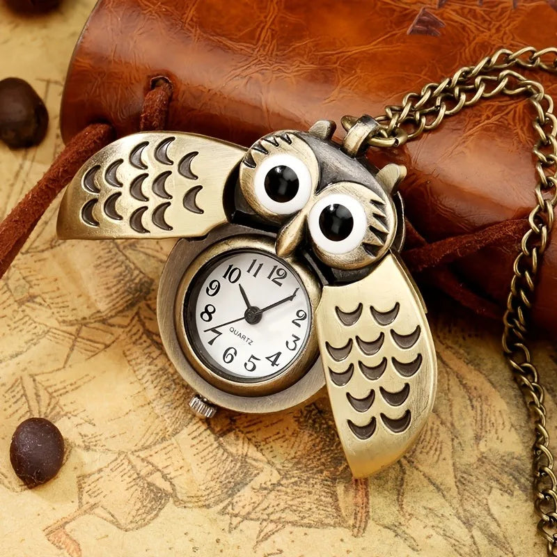 Retro Bronze Eule Taschenuhr mit Quarzwerk - Kette – Kreatives Geschenk
