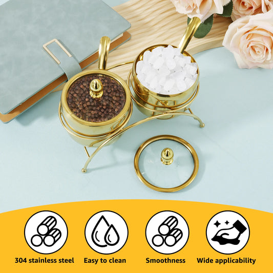 2er Set Edelstahltöpfe Gewürzbox mit Löffel Gold Gewürzregal Pfeffer