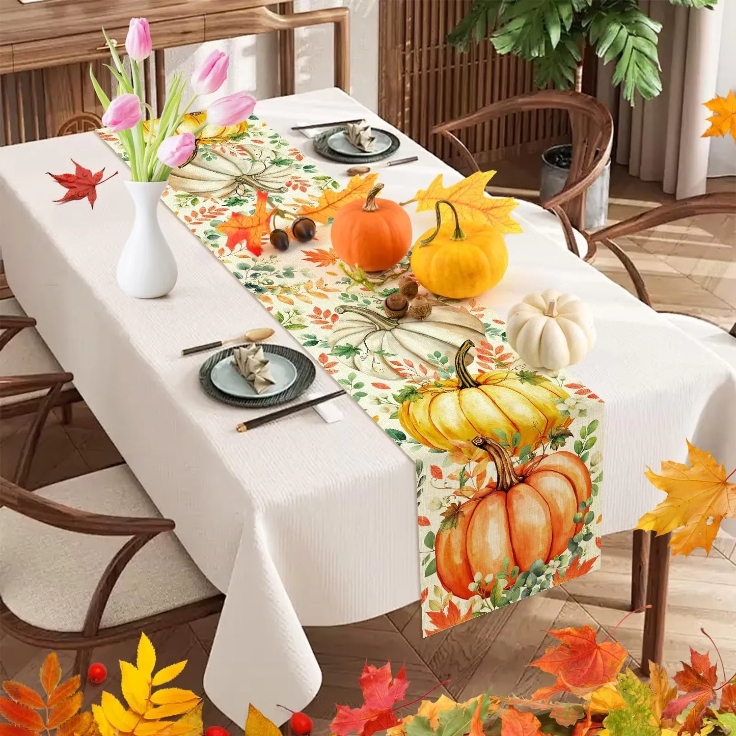 Tischläufer aus Leinen mit Eukalyptusblatt und Kürbis Muster für Herbstdeko