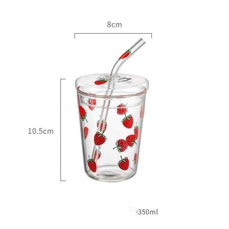 Kawaii Erdbeer-Glasbecher mit Deckel und hitzebeständigem Strohhalm