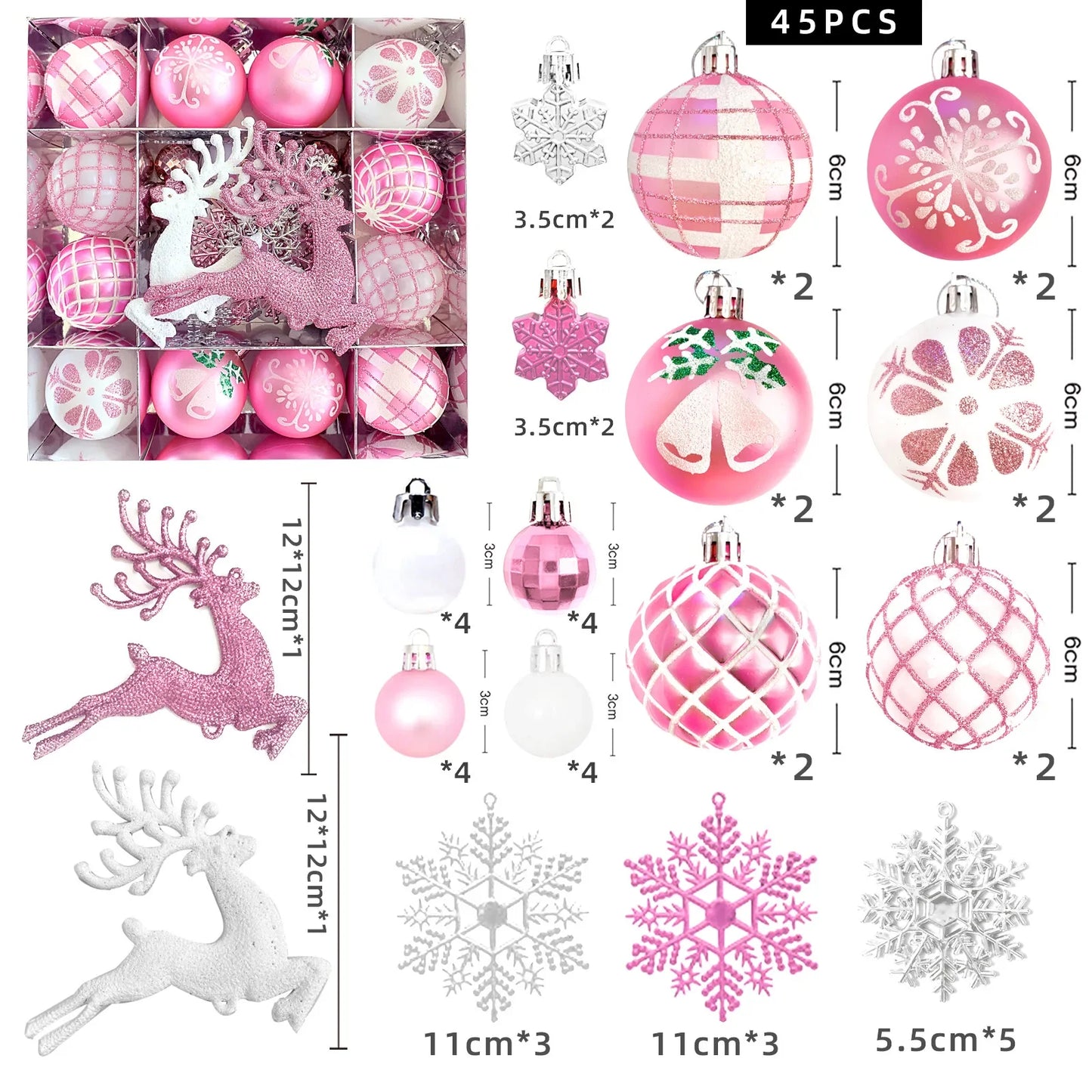 45 teiliges Weihnachtsbaumschmuck Set Glänzende Kugeln und Anhänger