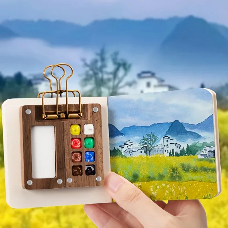 8-15 Gitter Mini Aquarellpaletten Set aus Holz mit Clips und Pinseln