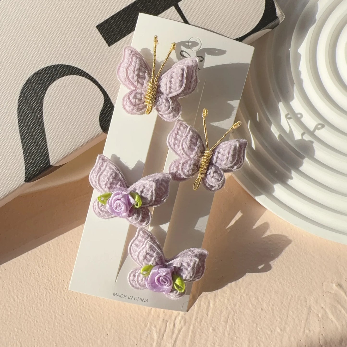 Handgefertigte Baby Haarspangen Set aus Wolle mit Schmetterlingsdesign