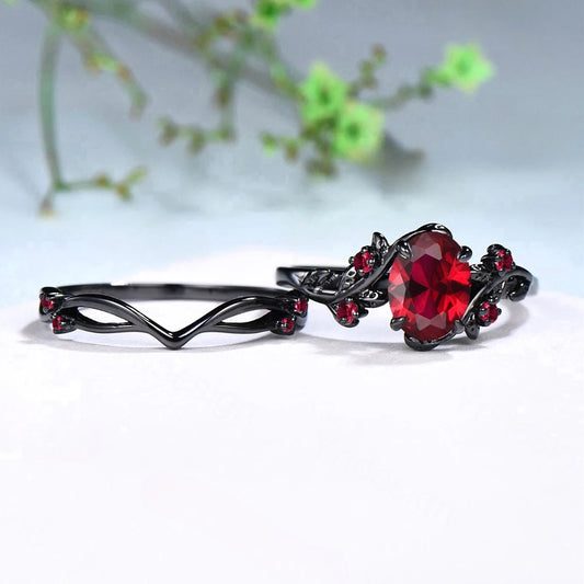 Zweiteiliges Vintage Ring Set mit roten Zirkon Steinen für Damen